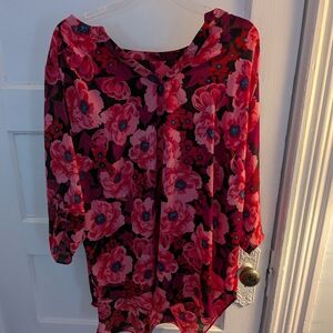 Worthington Lightweight Pink Red Black Floral Blouse 1X